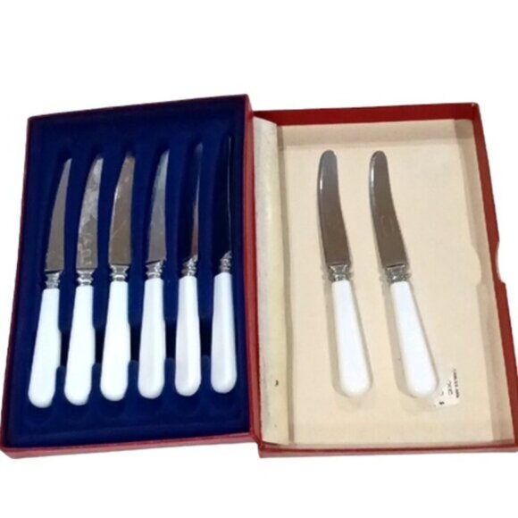 Vtge Box Set of 6 (Plus 2) Stainless Steel Sheffield Small White Handled Knives - Picture 1 of 3